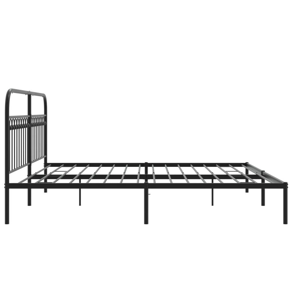 Black metal platform bed frame with decorative headboard