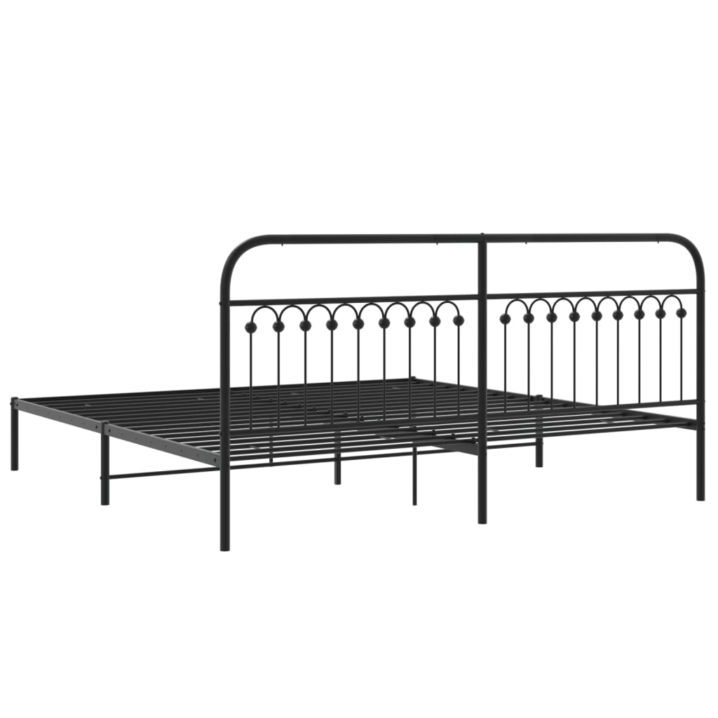 Black metal bed frame with a vertical slat headboard