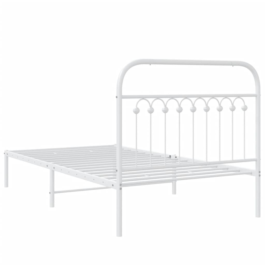 White metal twin bed frame with slatted base and decorative headboard