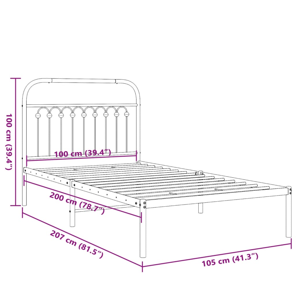Closeup of a white metal bed frame headboard with curved decorative elements and spherical finials