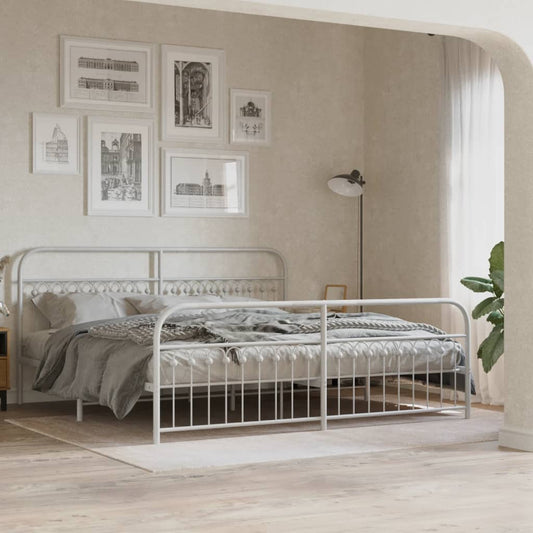 White metal bed frame with decorative headboard and footboard