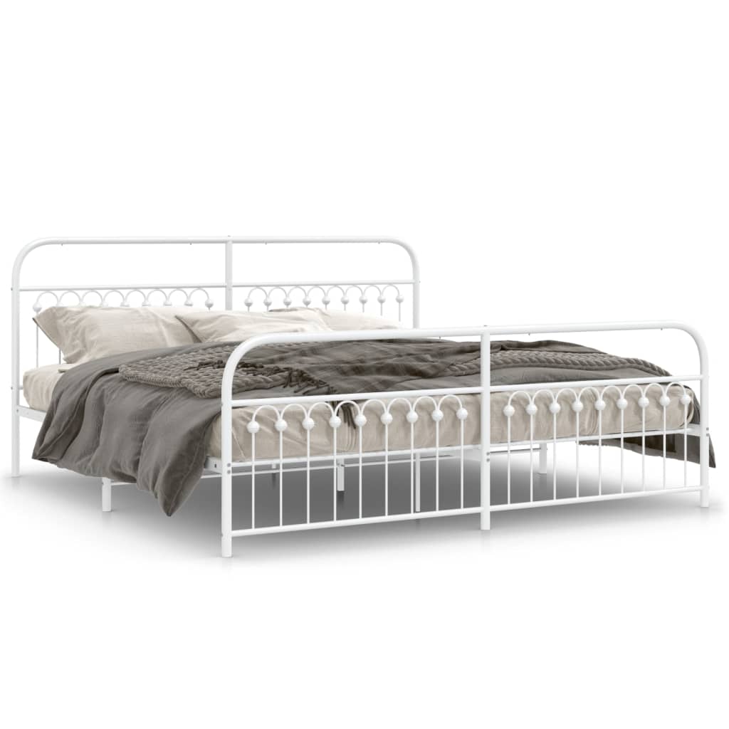 White metal bed frame with decorative headboard and footboard full size
