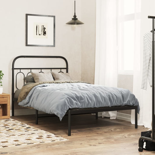 Black metal queen bed frame with curved headboard featuring a modern minimalist design