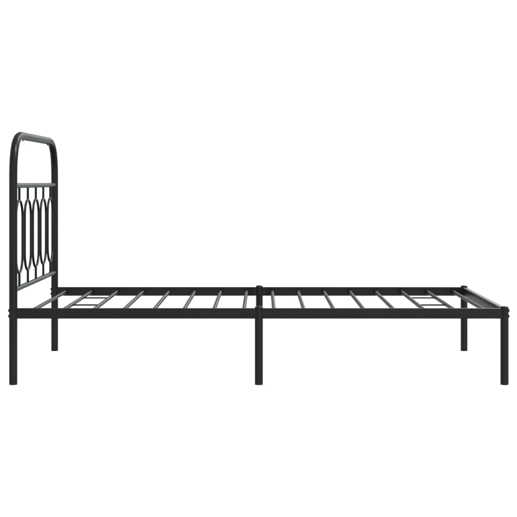 Black metal twin bed frame with oval cutout headboard