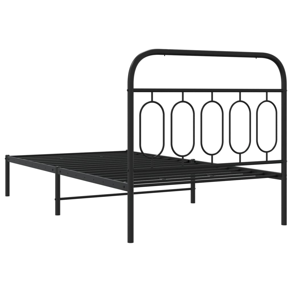 Black metal bed frame with decorative headboard queen size