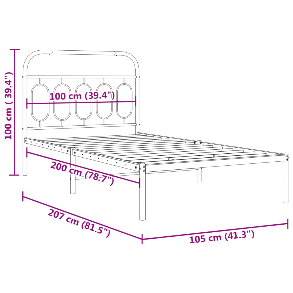 Closeup of a black metal bed frame with curved and arched detailing