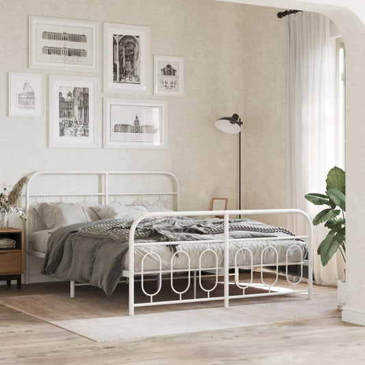 White metal queen bed frame with decorative oval accents and a tall headboard
