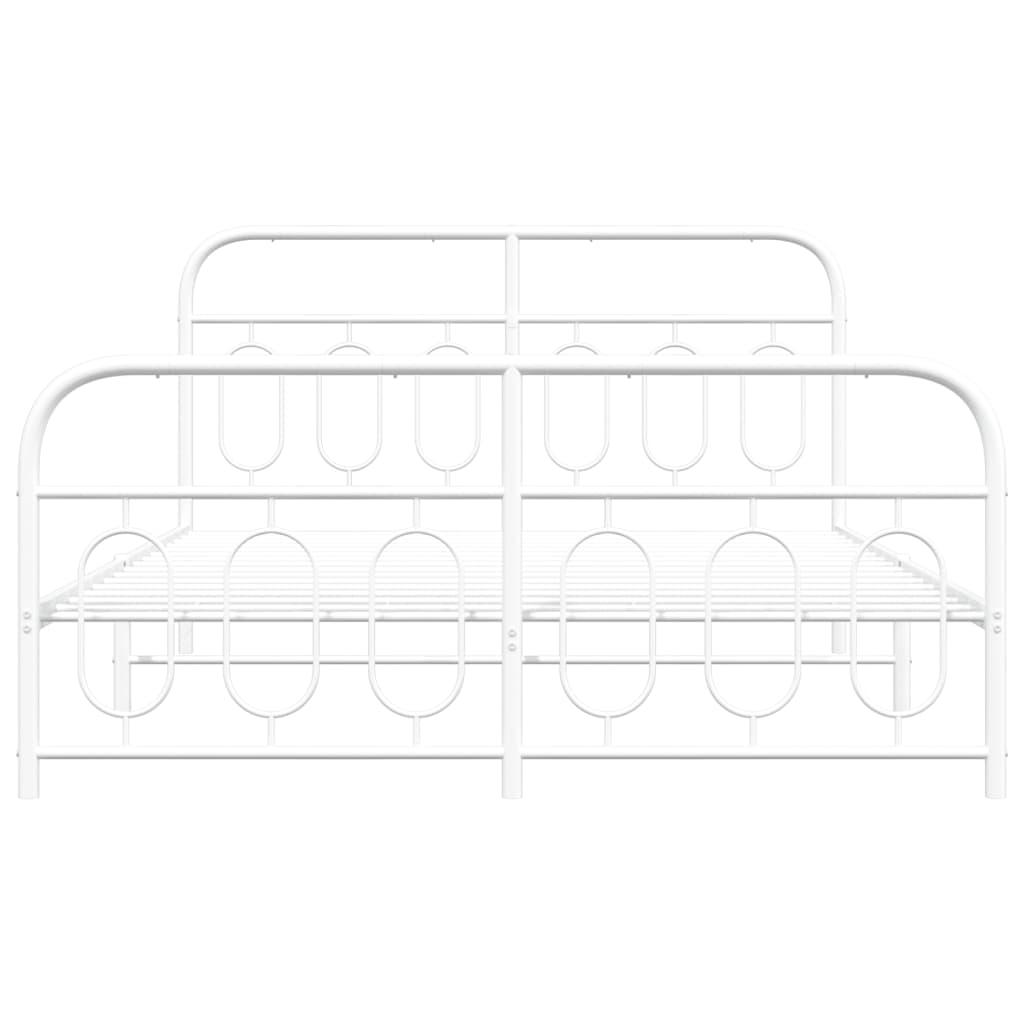 White metal platform bed frame with oval headboard detailing