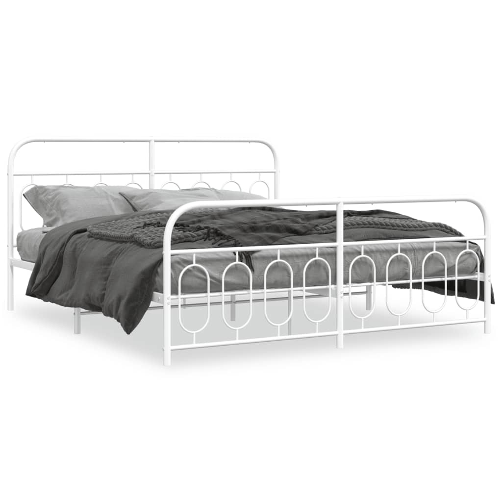 Diagram showing dimensions of a white metal bed frame with a decorative headboard and footboard