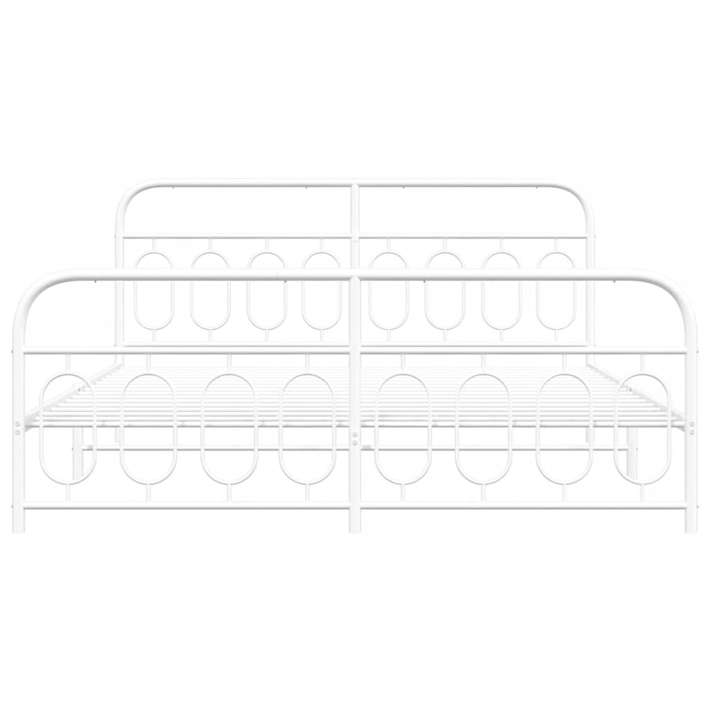 White metal platform bed frame with oval accents and a slatted base