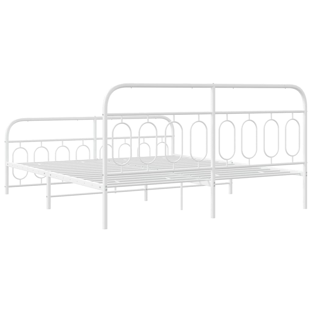 White metal twin bed frame with decorative headboard and footboard