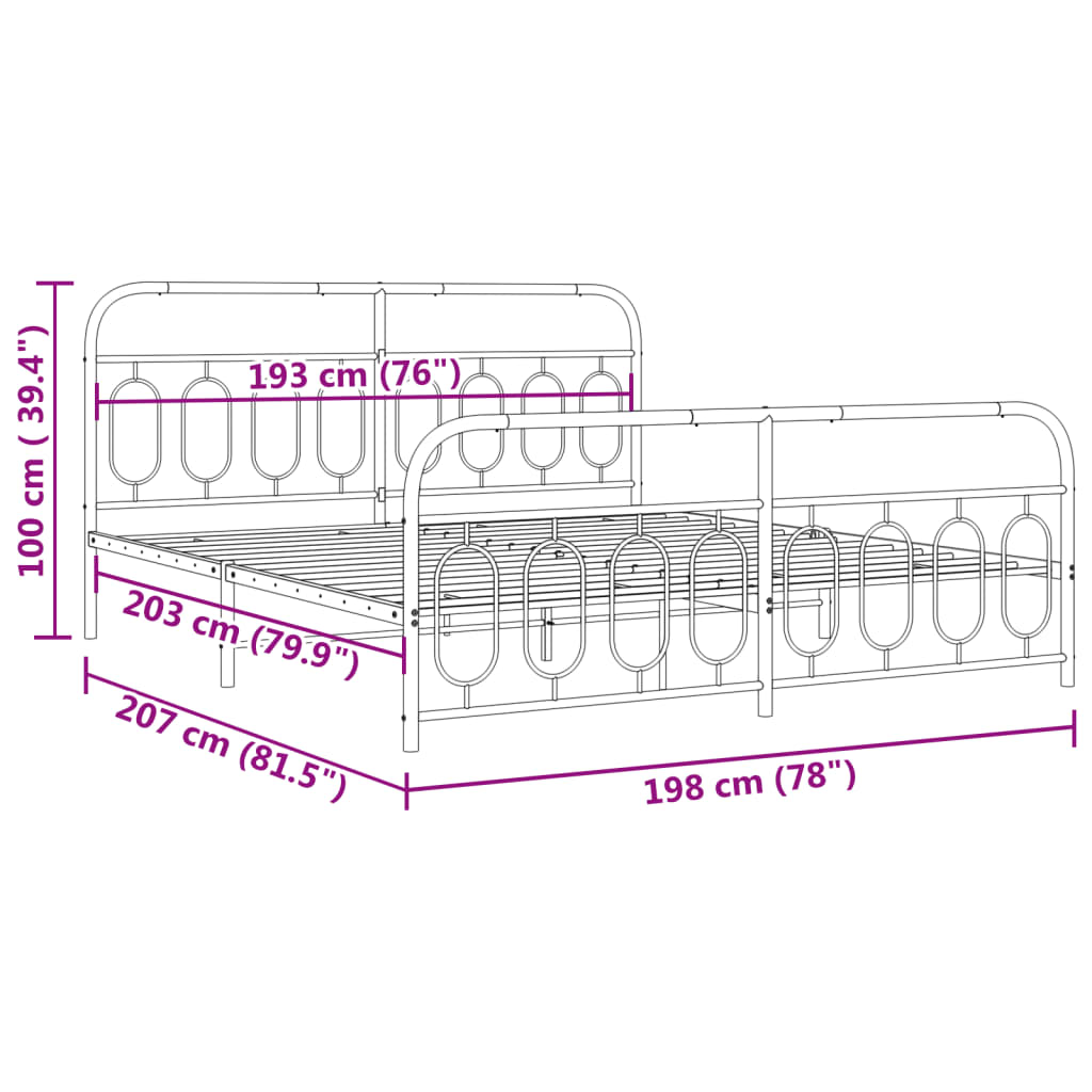 Closeup of a white metal bed frame with a curved headboard and horizontal support bars