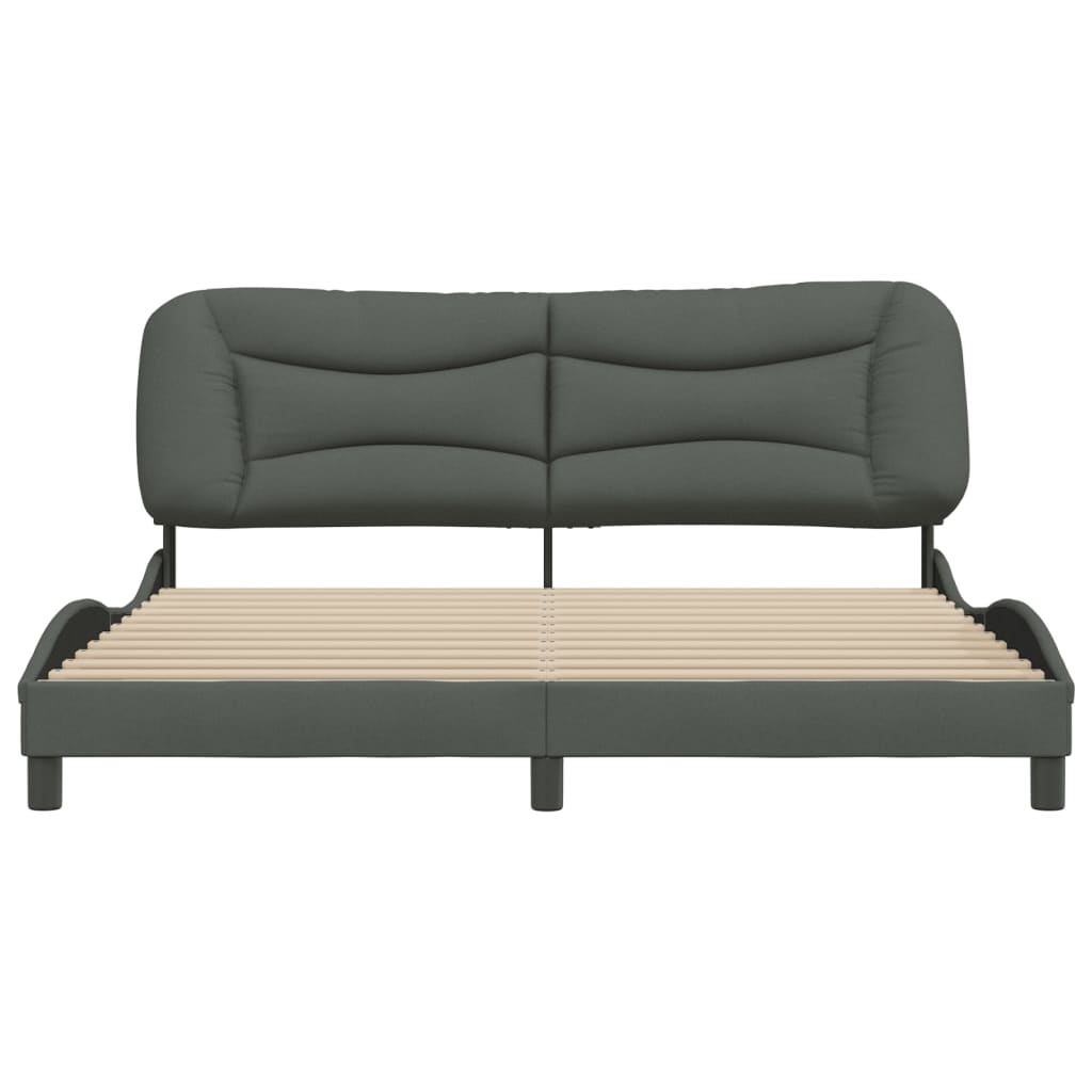 Modern upholstered grey bed frame with wooden slats