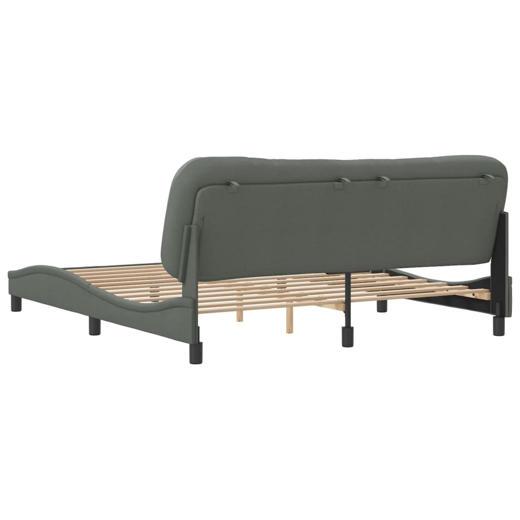 Dark grey upholstered chaise lounge with tufted adjustable headrest and wooden slats