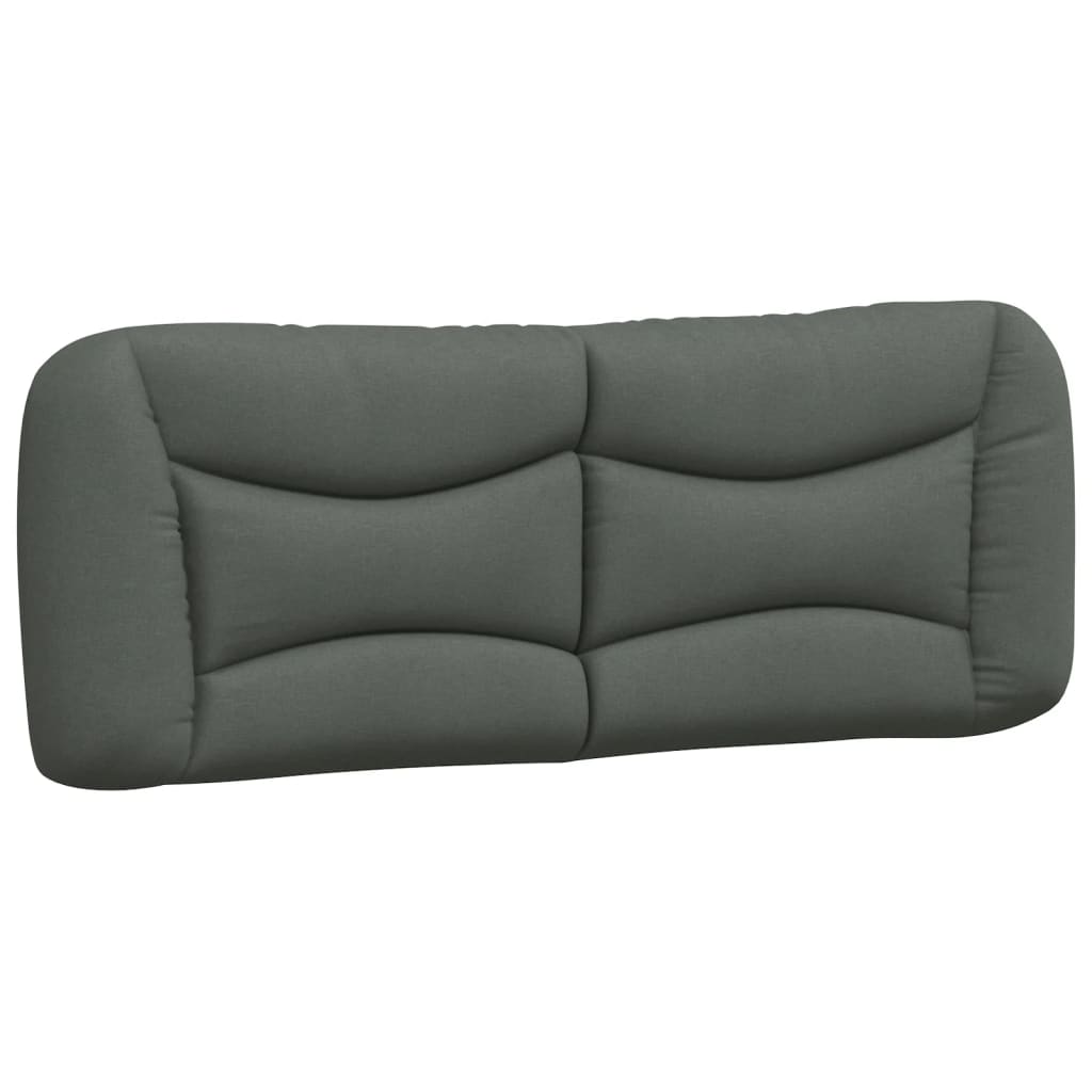 Dark gray upholstered bed frame with wooden slats and a curved headboard