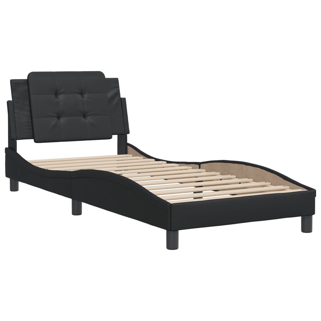 Black faux leather twin bed frame with tufted headboard