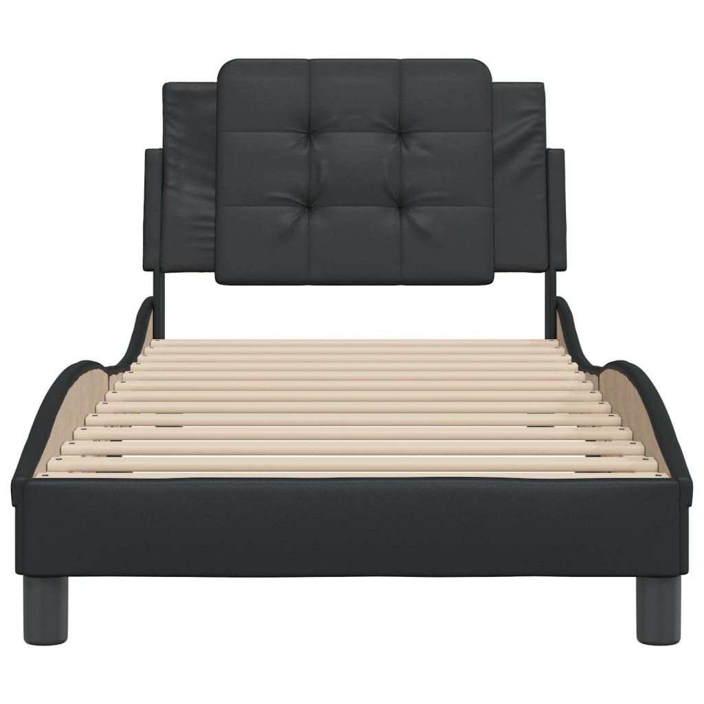 Black faux leather bed frame with tufted headboard and wooden slats