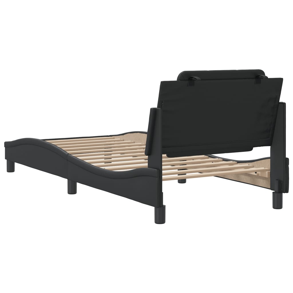 Black upholstered chaise lounge with adjustable headrest and wooden slats
