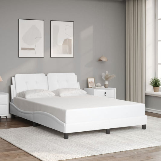 White leather platform bed frame with tufted headboard