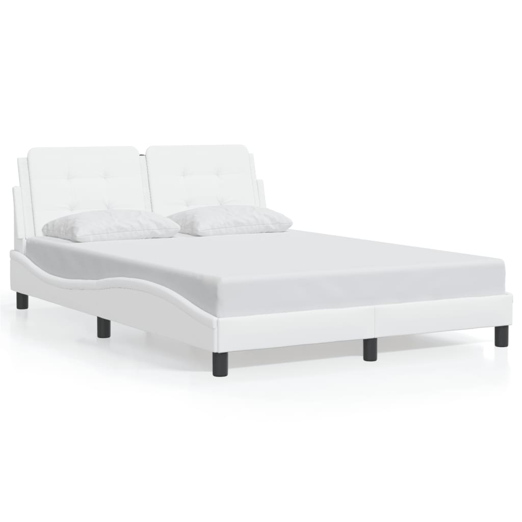 Diagram of a white upholstered headboard bed frame with mattress support slats and dimension labels in centimeters and inches
