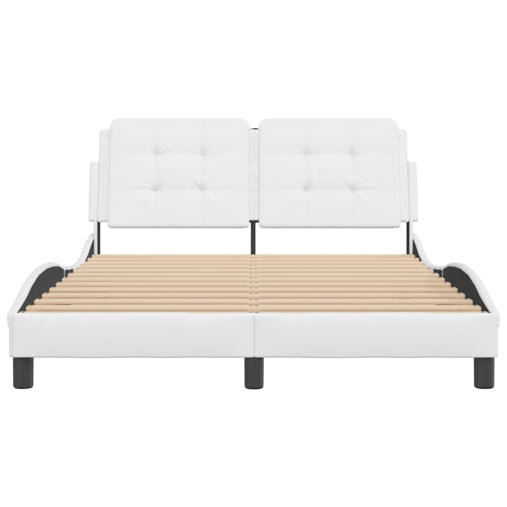Modern white faux leather bed frame with tufted headboards and wooden slats
