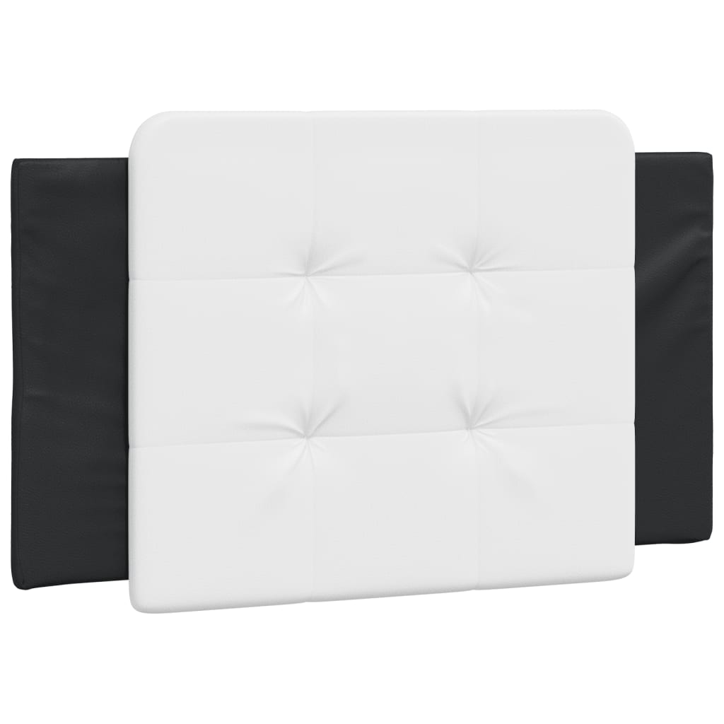 Black upholstered single bed frame with curved white trim and wooden slats