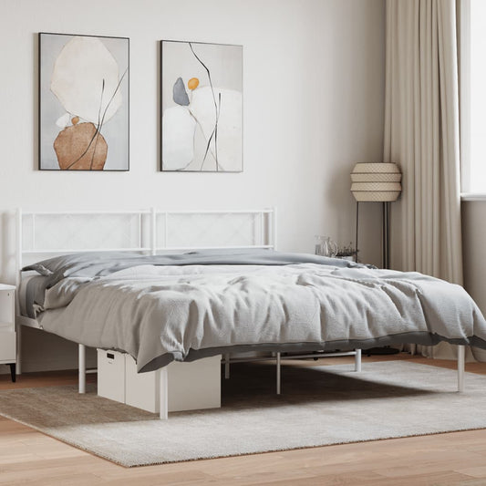 White metal platform bed frame with headboard and builtin drawers queen size