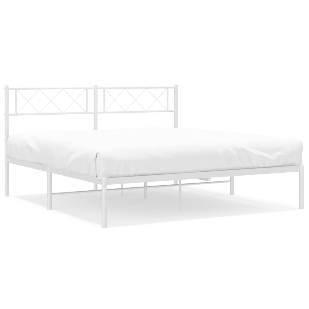 Silver metal bed frame with geometric headboard and slatted base