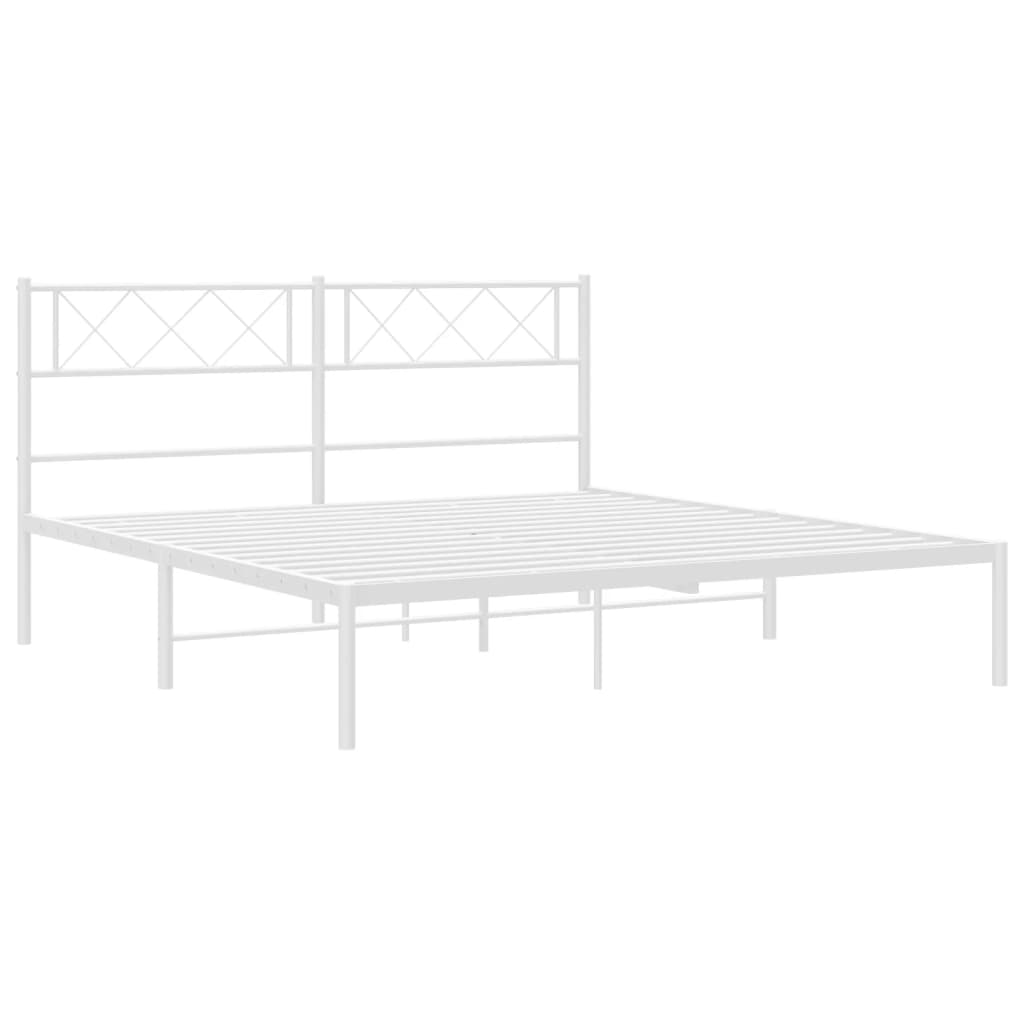 White metal platform bed frame with diamondpatterned headboard