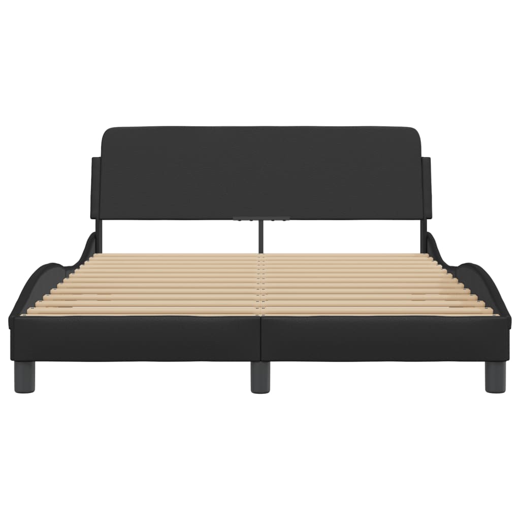 Black upholstered bed frame with curved headboard and wooden slats