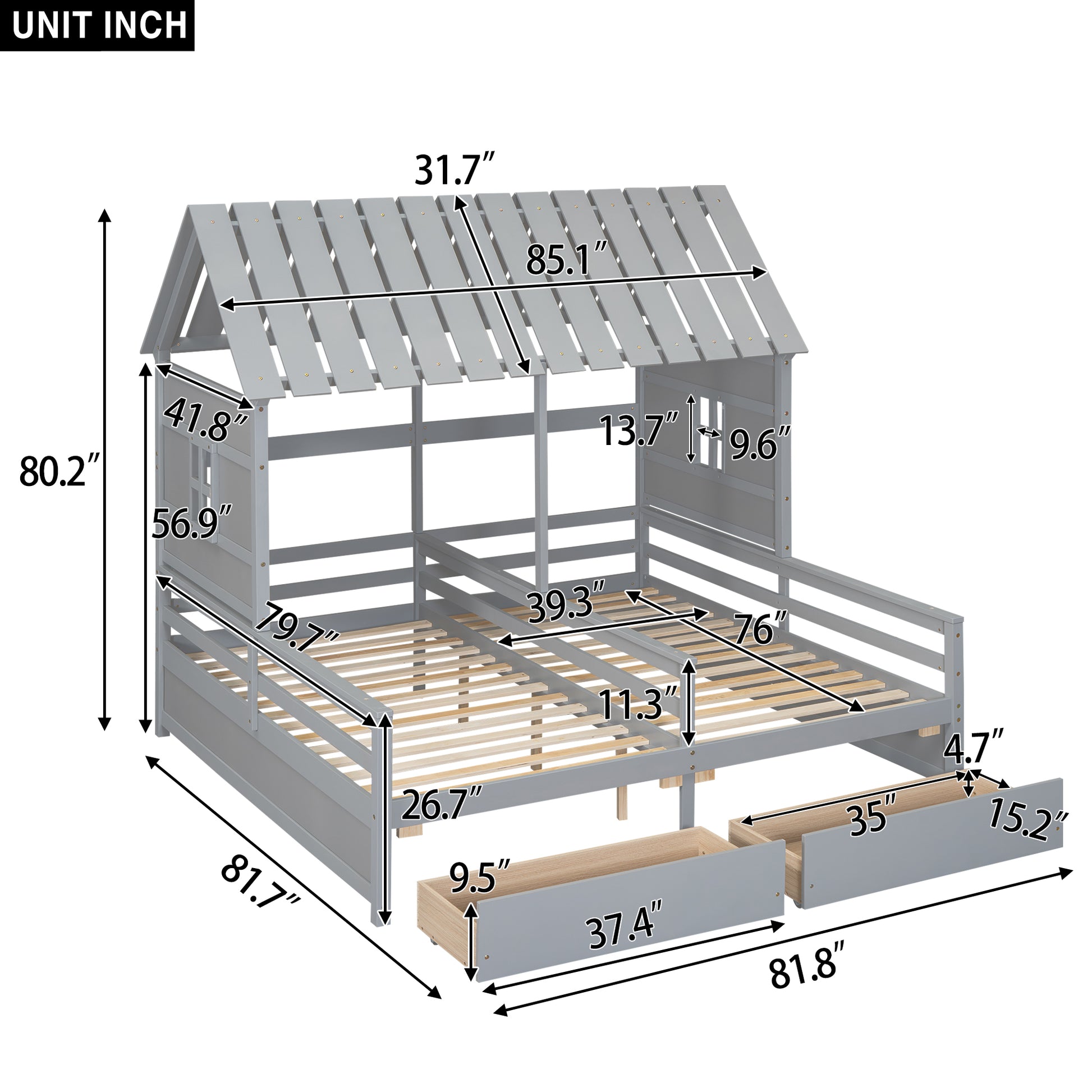 Gray wooden house bed frame with storage drawers and dimensions
