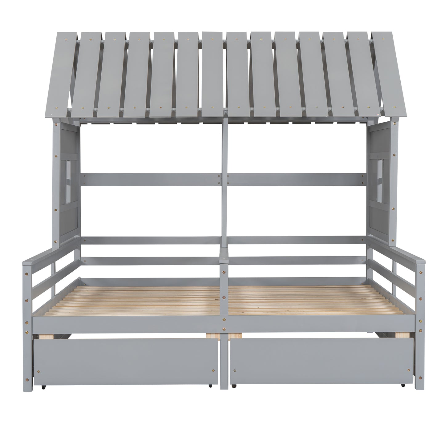 Gray wooden house bed frame with slatted roof and two builtin drawers