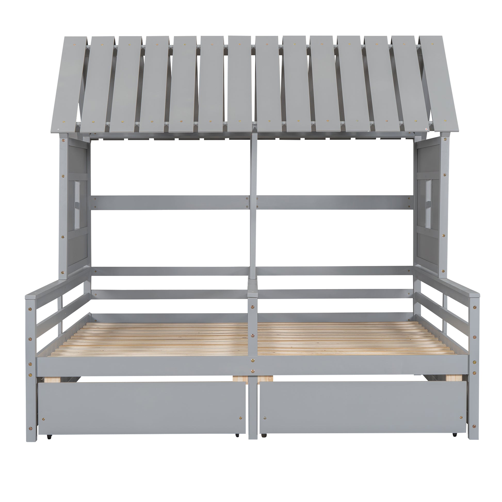 Gray wooden house bed frame with slatted roof and two builtin drawers