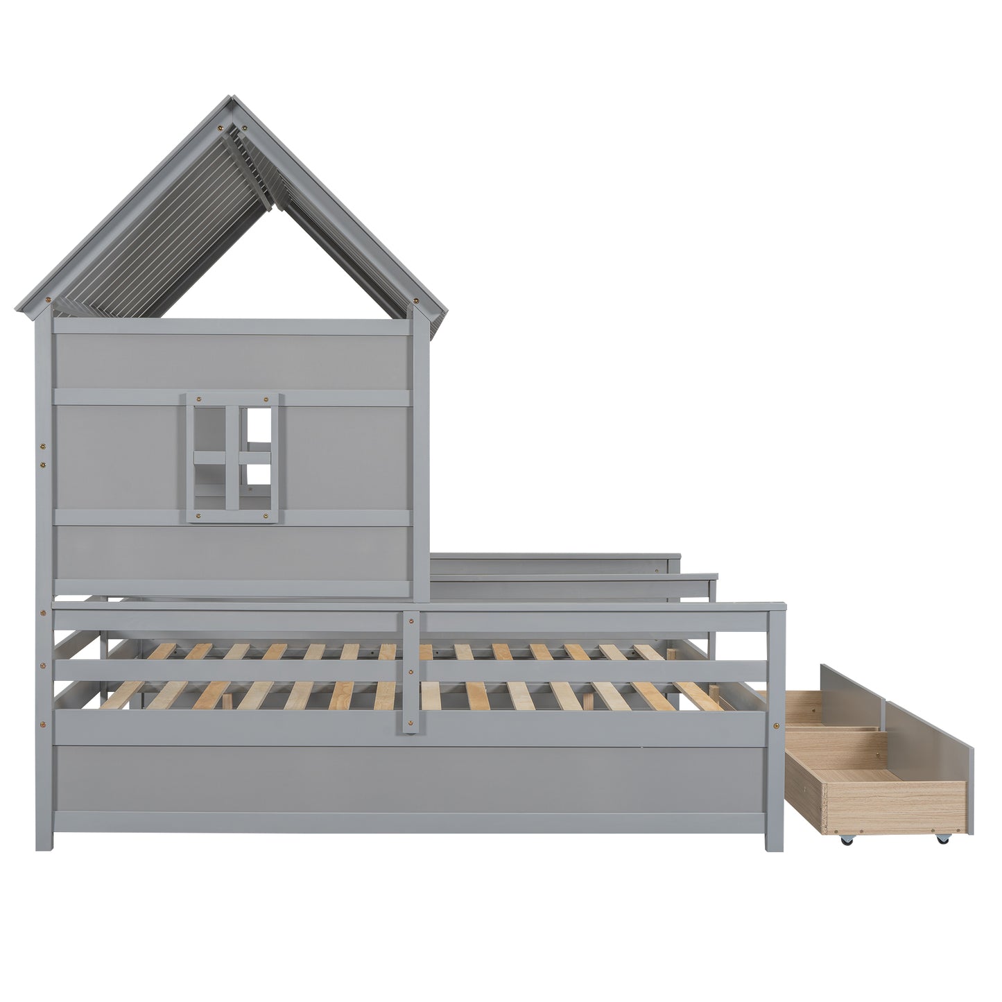Gray wooden house bed frame with stairs and storage drawers