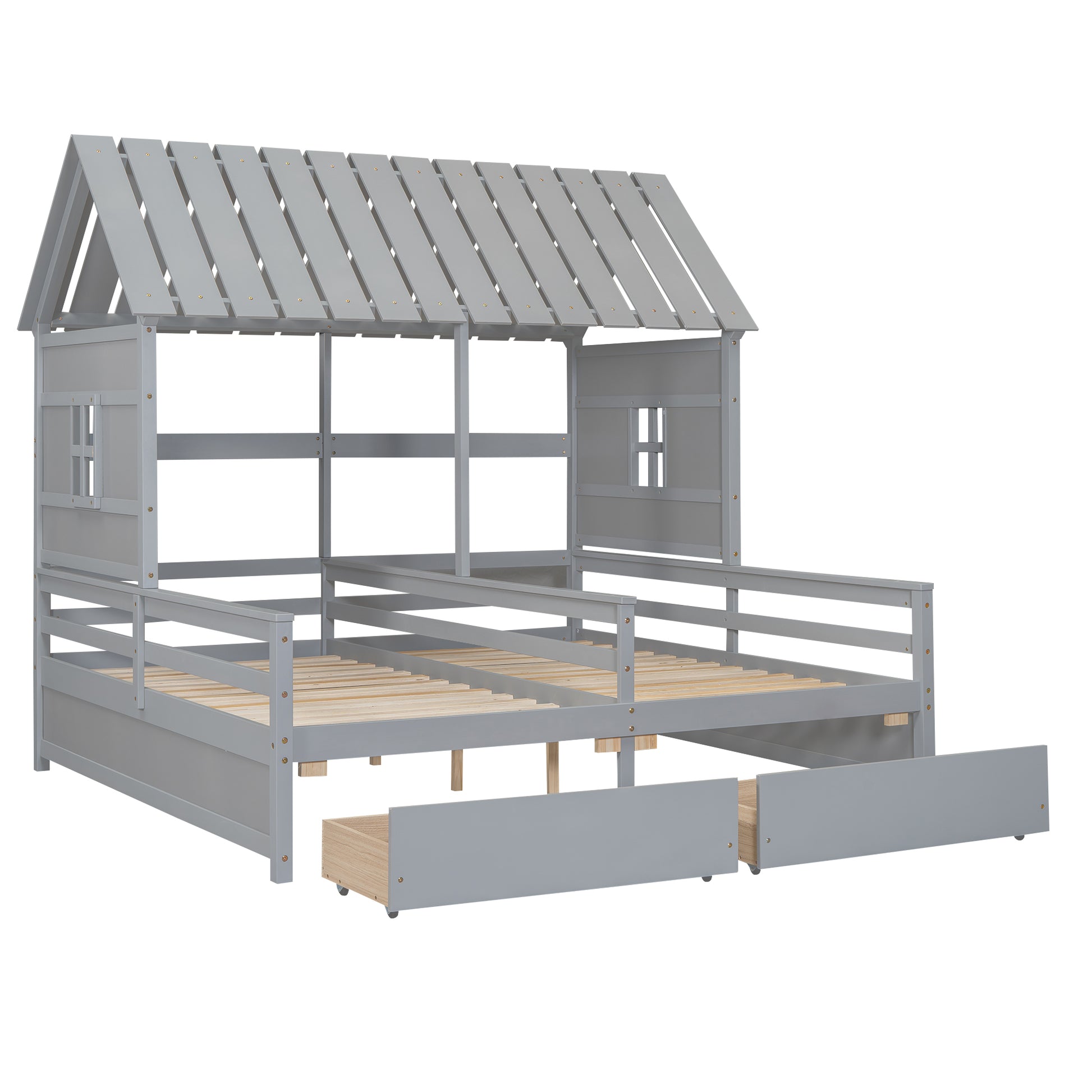 Gray wooden twin house bed frame with two drawers for kids