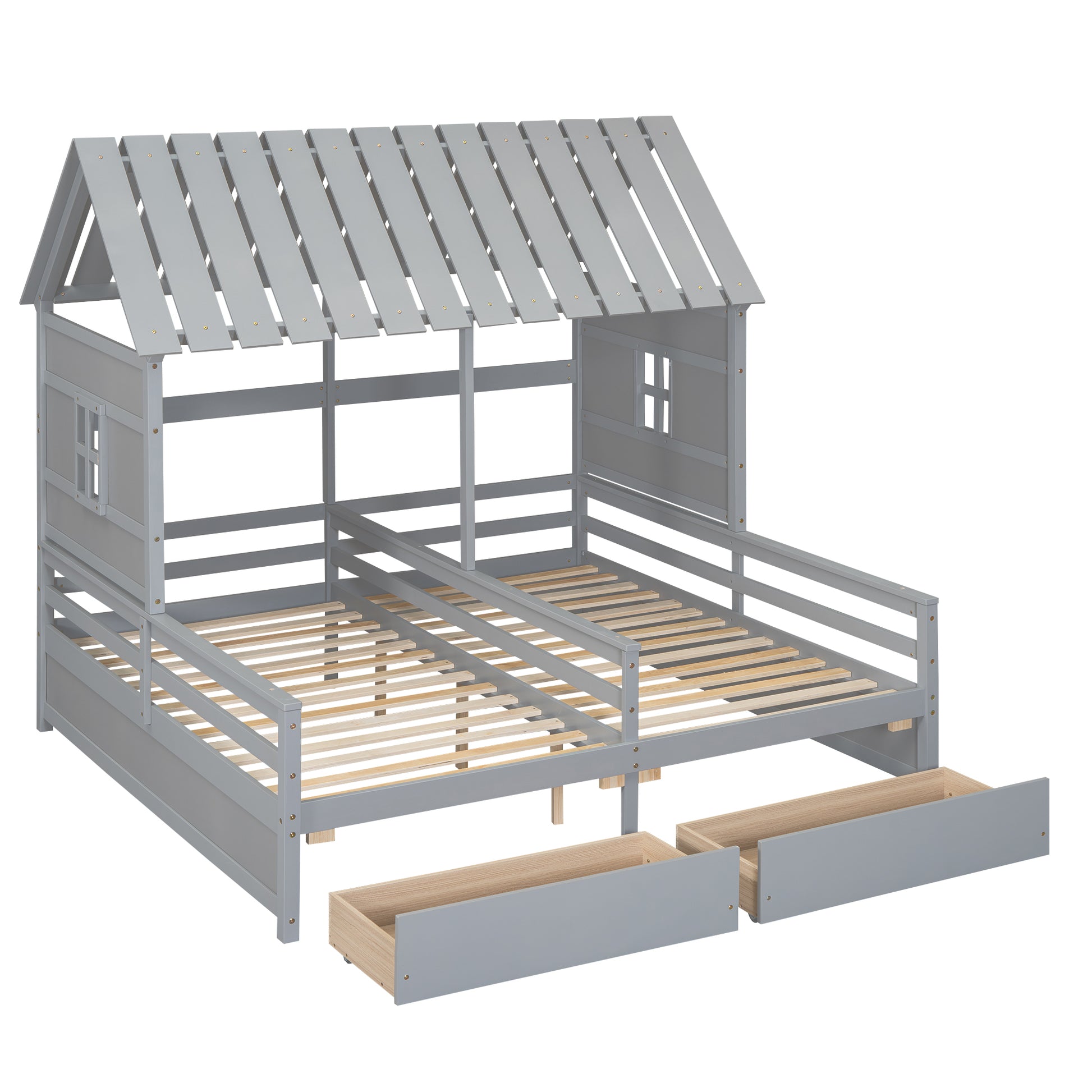Gray wooden twin house bed frame with two pullout drawers
