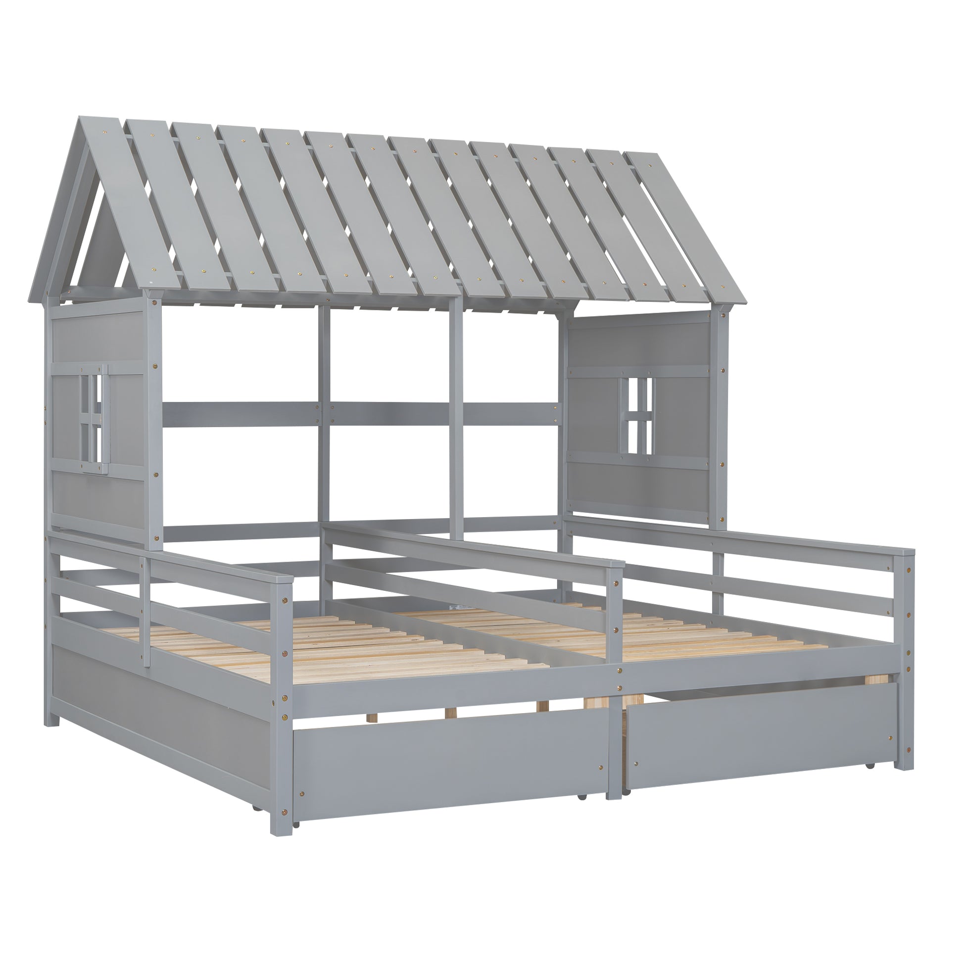 Gray wooden house bed frame with twin size mattresses