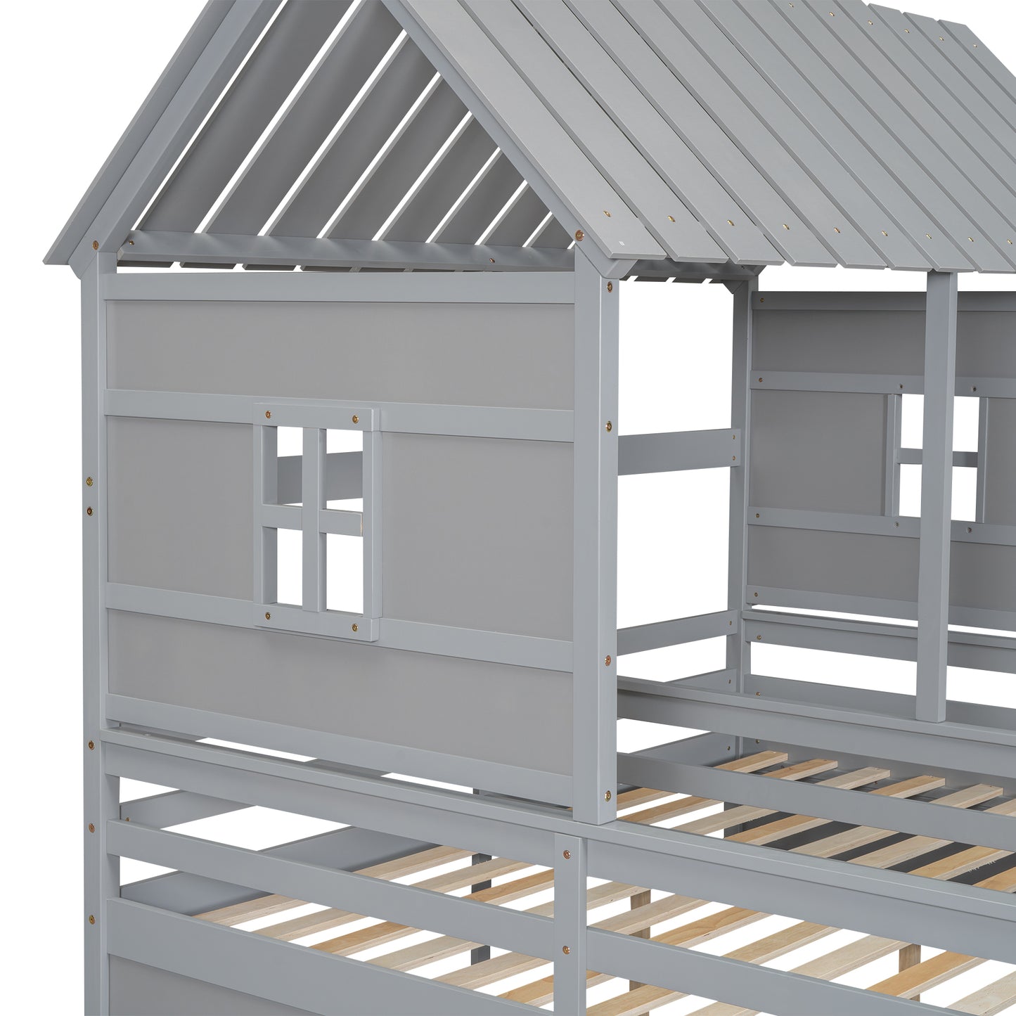 Gray wooden bunk bed with a pitched roof design and slatted mattress supports