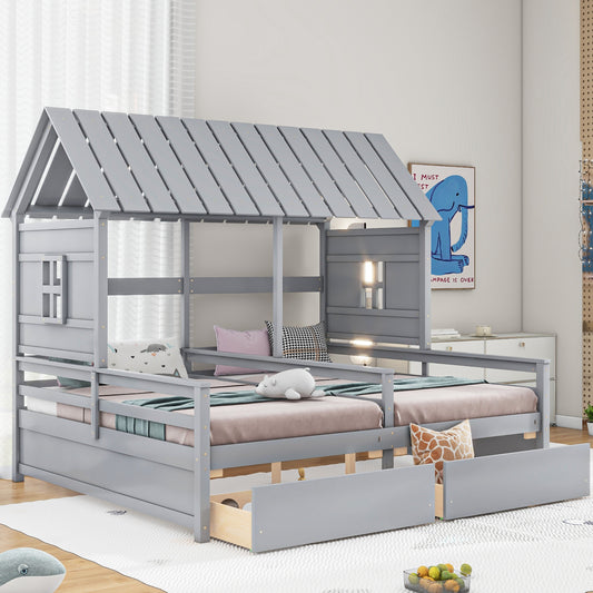 Gray wooden twin house bed frame with pullout trundle