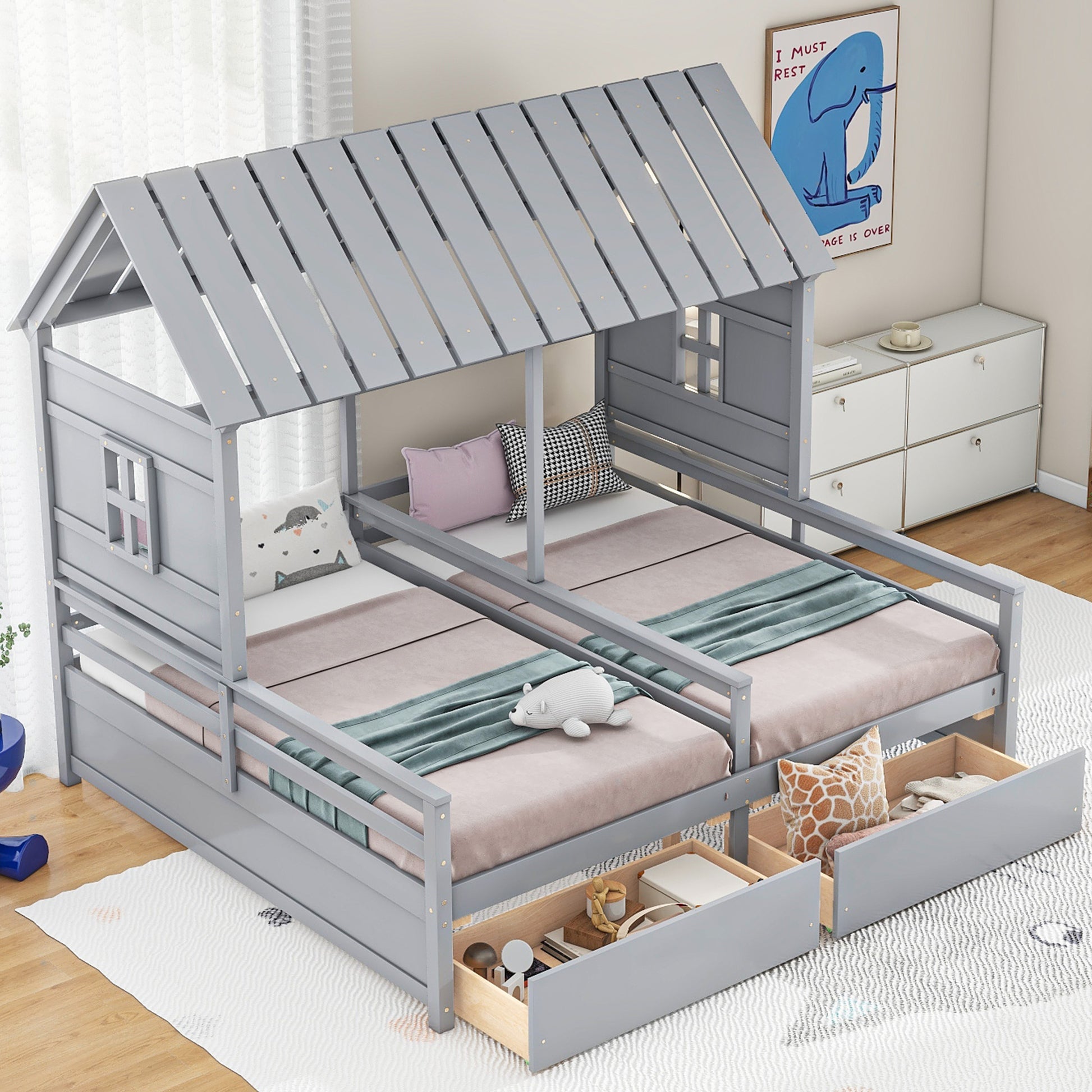 Grey twin house bed with drawers
