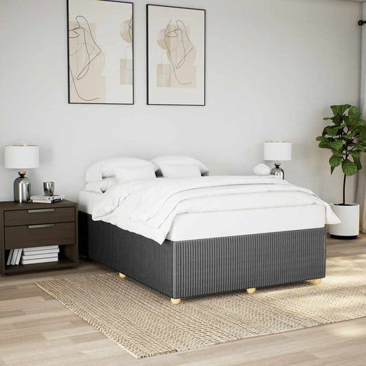 Dark grey striped divan bed base with white mattress and bedding