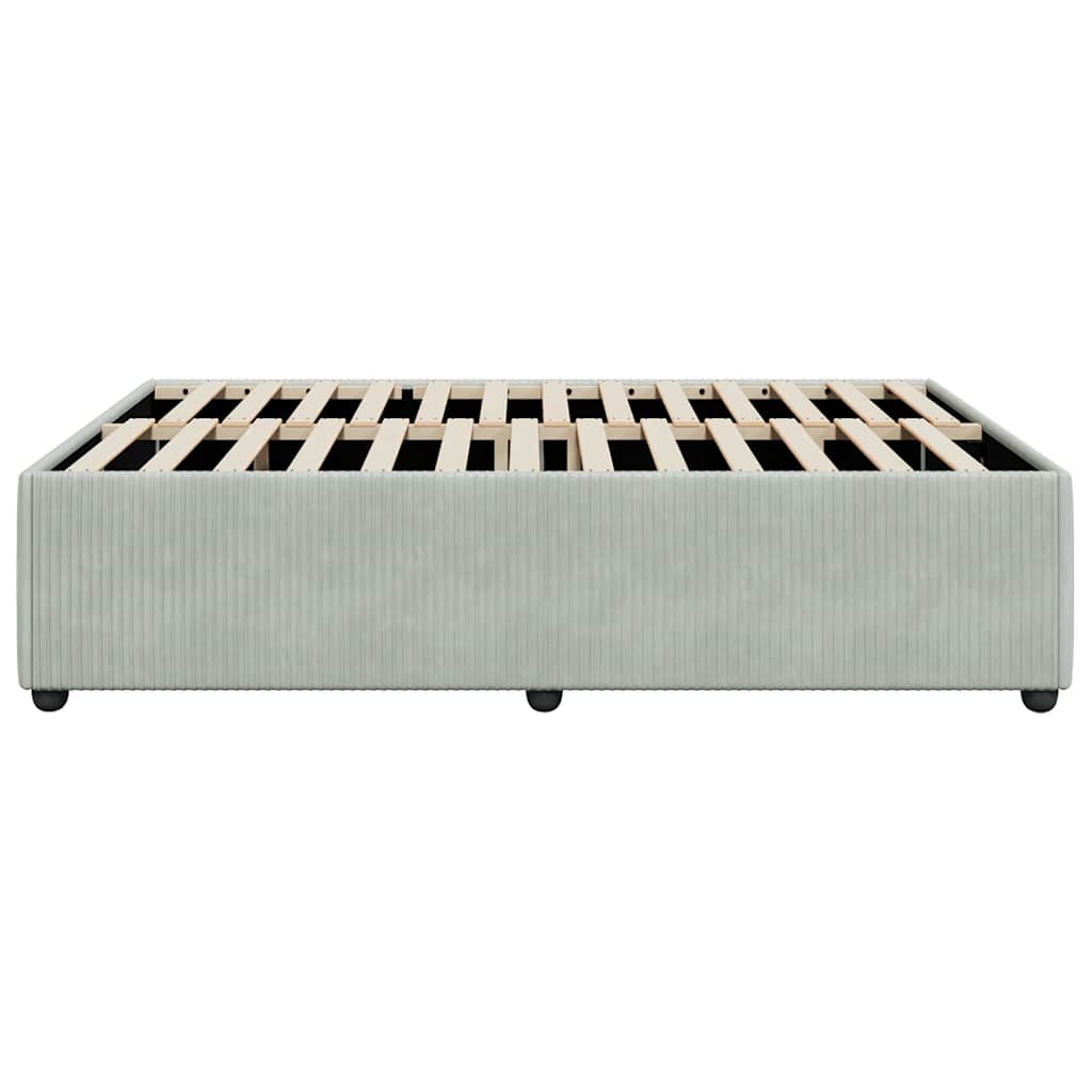 Light grey upholstered platform bed frame with wooden slats