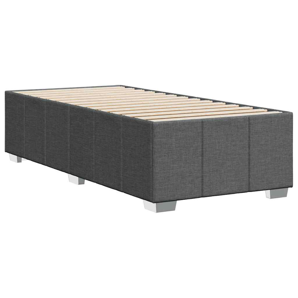 Gray upholstered bed frame with wooden slats
