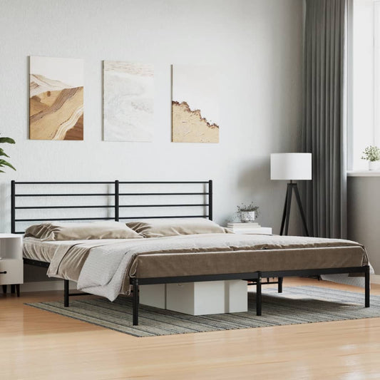 Modern black metal queen bed frame with minimalist headboard