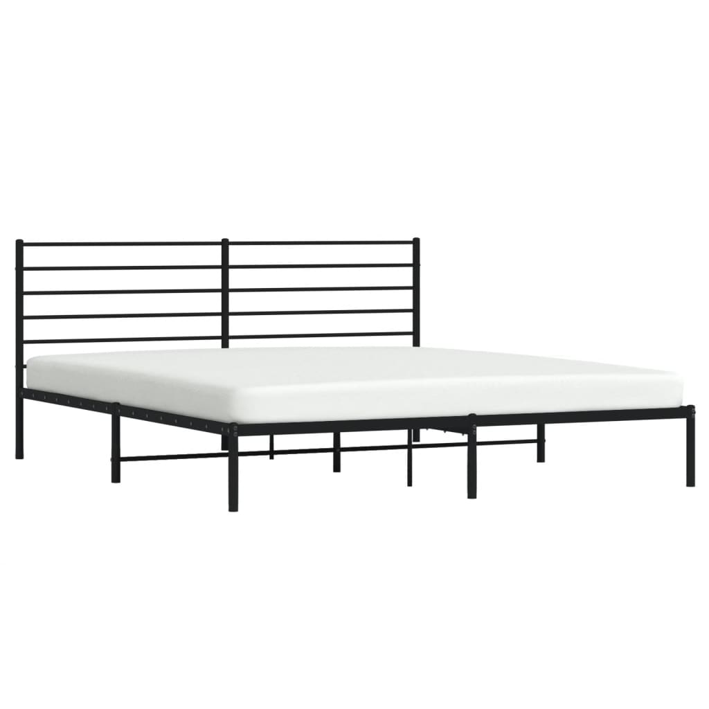 Black metal platform bed frame with horizontal slats and minimalist headboard