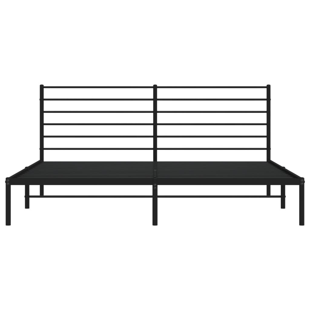 Black metal platform bed frame with a modern minimalist headboard