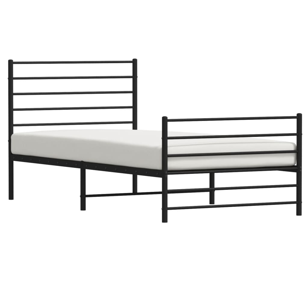 Black metal platform bed frame with horizontal slat headboard