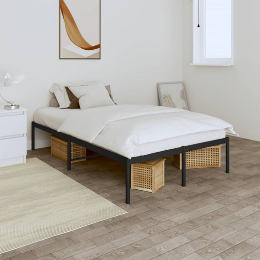 Black metal queen bed frame with underbed storage drawers