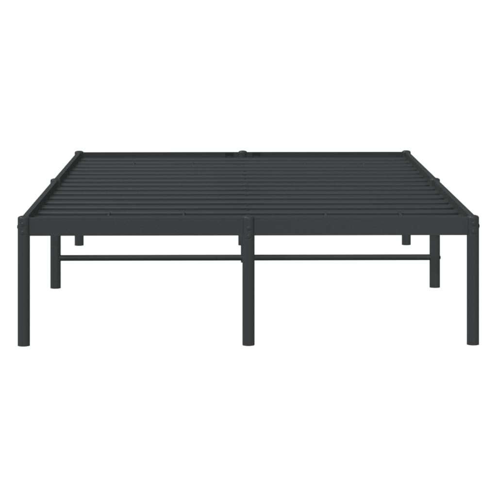 Modern metal platform bed frame with upholstered headboard in a gray geometric pattern