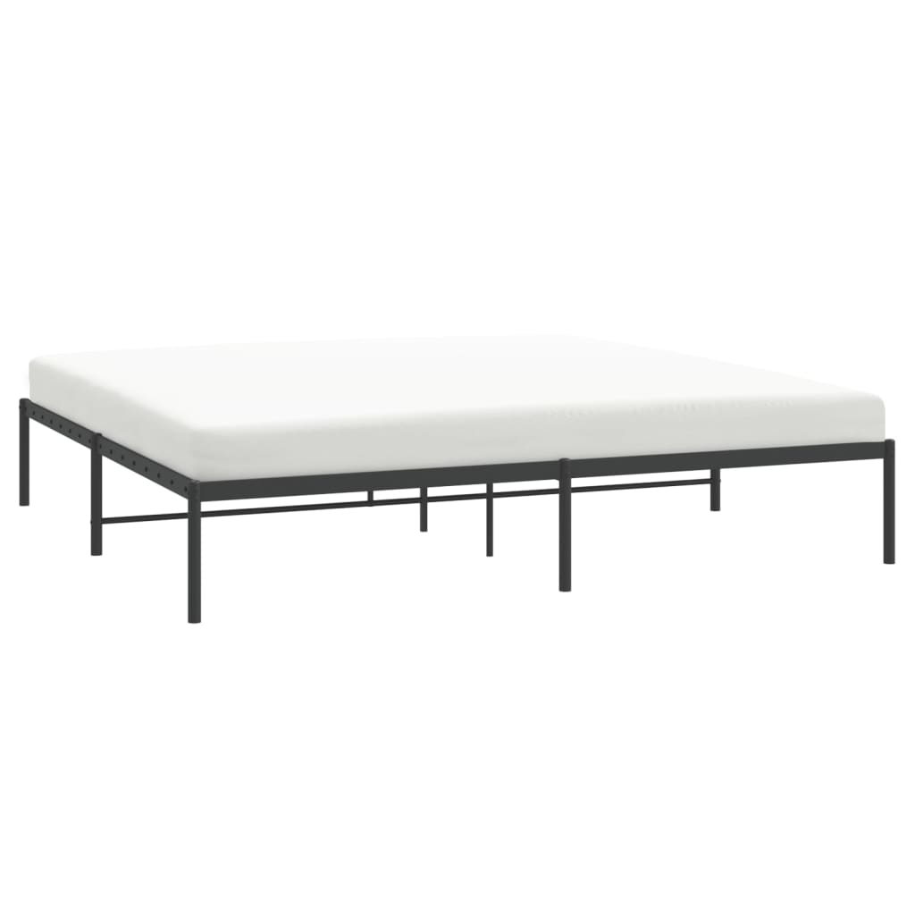 Dark gray metal platform bed frame with a slatted support system